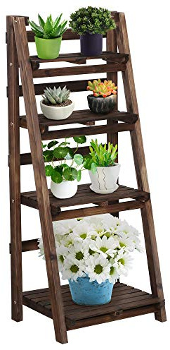 Yaheetech Wooden Foldable Ladder Shelf 4-Tier Magazine Holder Book Rack Plant Stand Folding Flower Display Pot Decorative Storage Free Standing Indoors/Outdoors Rustic No Assembly Required Brown