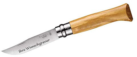 OPINEL-Messer, Größe 8, rostfrei, Olivenholz (mit Gravur auf der Klinge, Größe 8)