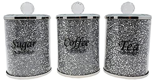 Set of 3 Silver-Trimmed Diamond Crystal Canisters with Glass Lids - Elegant Kitchen Storage Containers for Tea, Coffee, Sugar - Airtight Tins with Rubber Seal