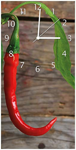 Wallario Design-Wanduhr Hängende Chili-Schote aus Glas, Motiv-Uhr Größe 30 x 60 cm, weiße Zeiger
