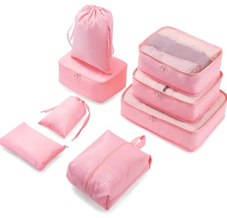 Meowoo 8-teilig Koffer Organizer Set, Packing Cubes, Packwürfel für Urlaub & Business, Reise Organizer mit Kleidertaschen, Gepäck Aufbewahrung Taschen, Ordnungssystem für Koffer (Pink)