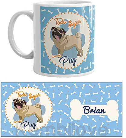 Kembilove Taza de Café de Perro Pug Personalizada con Nombre – Taza de Desayuno Razas de Perro – Taza de Café y Té Mascota – Taza de Cerámica Impresa – Tazas de Perro Pug