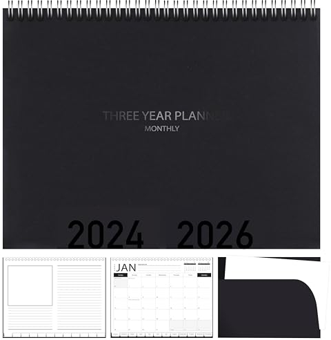 3-Jahres-Kalender-Planer, 2025-2027, Monatsplan, Organizer, Flip-Kalender, Tagebuch mit Tabs, Spiralbindung, Schwarz, 21,6 x 27,9 cm