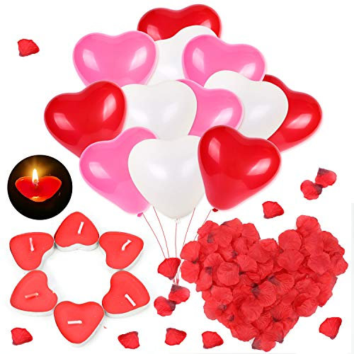 HOWAF Valentines Day Decorations, 30 Valentines Balloons Red Heart Balloons, 50 Heart Candles, 1000 Fake Rose Petals Kit for Valentines Decorations Engagement Party Romantic Decoration