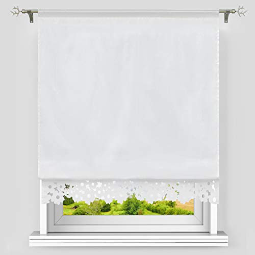 Heichkell Raffrollo mit Tunnelzug Küche Raffgardine Blickdicht Bändchenrollo Hohlspitzen Gardinebordüre BxH 80x150cm Weiß#2