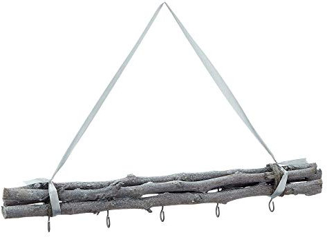 Spetebo Deko Holz Bündel grau mit 5 Haken zum Hängen - 50 cm - Hängedeko Holzdekoration mit Stoffband für Zierschmuck