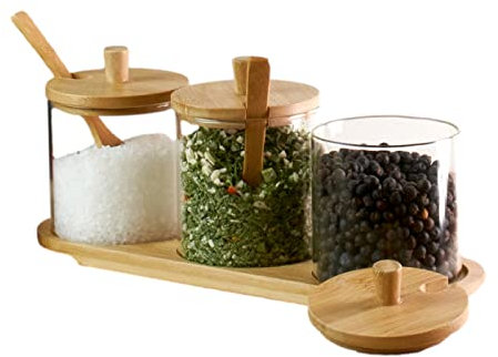gouveo 3er Set Gewürzgläser 350 ml auf Tablett - Kleine Snackschalen mit Bambusdeckel und Löffel - Tisch-Set aus Borosilikatglas zum Servieren von Gewürzen, Tee, Kaffee, Zucker, Müsli, Snacks