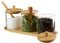 gouveo 3er Set Gewürzgläser 350 ml auf Tablett - Kleine Snackschalen mit Bambusdeckel und Löffel - Tisch-Set aus Borosilikatglas zum Servieren von Gewürzen, Tee, Kaffee, Zucker, Müsli, Snacks