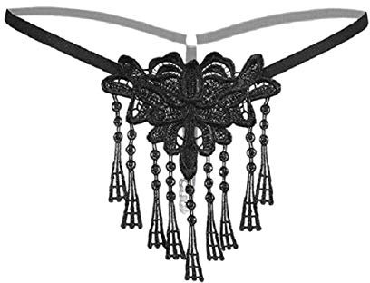 Kissa Micro String élastique Noir avec Perles et Franges Taille Unique Lingerie Sexy