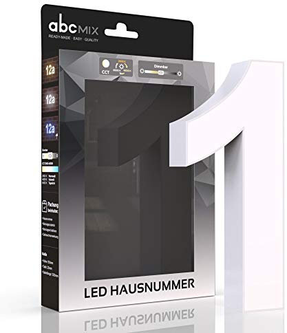 abcMIX LED Hausnummer - Personalisierbare Beleuchtete Hausnummernleuchte mit LED, Nummer 1, Farbe Weiß, Einstellbare Lichtfarben, Dimmbar