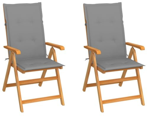 vidaXL 2X Teak Massiv Gartenstuhl mit Grauen Kissen Klappbar Hochlehner Klappstuhl Gartensessel Holzstuhl Stuhl Stühle Gartenstühle