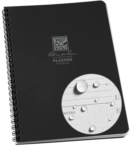 Rite in the Rain Weatherproof Side Spiral Weekly Planner, 6.625 x 8.5, Black Cover, Undated Calendar (No. P52-LG)