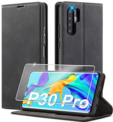 Nshkeji Handyhülle für Huawei P30 Pro Hülle Leder [1Stück Panzerglas] [Premium PU Leder] Klappbar 360 Grad Stoßfeste Flip Standfunktion Schutzhülle Case Pro, black