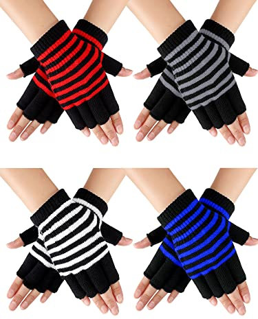 4 Paar Winter Fingerlos Handschuhe Halbfinger Handschuhe Streifen Stretch Strickhandschuhe für Damen Herren (Streifen Stil)