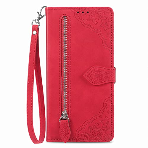 NEXCURIO Zip Wallet Case Compatible with Apple iPhone 12 Mini Phone Case Wallet with Credit Card Holder Strap Stand Women Leather Flip Case Floral Folding Cover Shockproof - Red