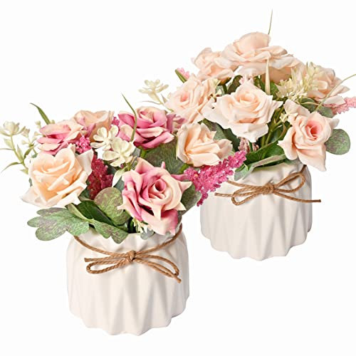 Donmills 2 Pack Artificial Flowers in Pot Faux Roses Flower Arrangements for Table centerpieces Wedding Party Stage Bathroom Windowsill Indoor Decor(Pink White)