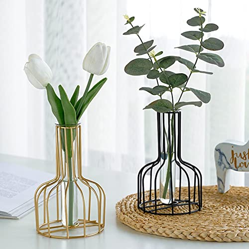 Schwarz und Gold Blumenvase mit Metallrahmen, klares Glas Reagenzglasvasen dekorativ, kleine Knospenvasen Geschenke Verwendung für Hochzeitsdekoration, Innendekoration, Wohnzimmerdekoration
