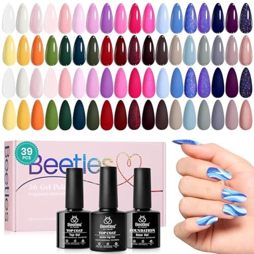 Beetles 39 Stück UV Nagellack Set, 36 Farben, vielseitige, Pastell, Neon, leuchtendes Rosa, Gelb, Blau, Glitzer, mit 3 Stück Basis, mattes und glänzendes Oberteil, Alle Jahreszeiten