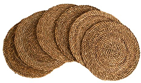 KAZI Set di 6 tovagliette rotonde in vimini naturale, intrecciate in paglia, resistenti al calore, antiscivolo, ecologiche fatte a mano da artigiani africani (33 cm rotonde, marrone caramello)