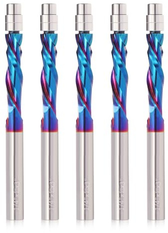 5PCS Spiral Flush Trim Router Bit,1/4 Inch Shank 1 Inch Cutting Length Extra Long 3 Inch OVL,UP Down Compression Bit with Coating for Wood Trimming