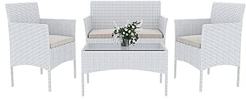 Arreditaly Set Di Mobili da Giardino Salotto Salottino in Rattan 4 Posti con Tavolino E Ripiano In Vetro 2 Poltrone e Divano 2 Posti Per Giardino Esterno Piscina Cuscini Sfoderabili (Bianco)