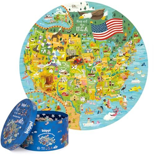 Boppi puzzles for 5+ year olds / 150 Piece Round Circle American States Map Jigsaw Puzzles for Kids Aged 5-8 Made with 100% Recycled Card – Map of the USA