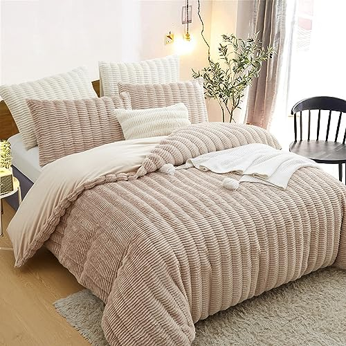 Lanqinglv Plüsch Bettwäsche 135x200 4 Teilig Khaki Flauschig Langhaar Kunstfell Winterbettwäsche Warm Flanell Fleece Cashmere Touch 2 Bettbezug mit Reißverschluss und 2 Kissenbezug 80x80cm