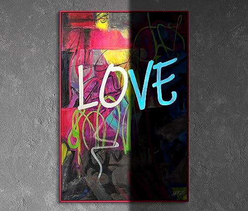 YS-Art XXL Abstrakt Fluoreszierendes selbst leuchtendes Acryl 3D Gemälde auf Leinwand Love handgemalt Wohndekor Pop Art modernes Bild echte Kunst 120x80 cm