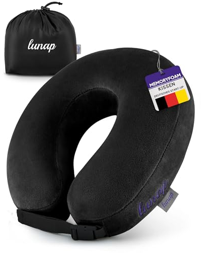 lunap Reisekissen Flugzeug | Nackenkissen Memory Foam flauschig + waschbar | Nackenhörnchen Erwachsene | Nackenkissen Flugzeug, Auto | Travel Pillow Neck SCHWARZ | Flugzeug Kissen Flugzeug