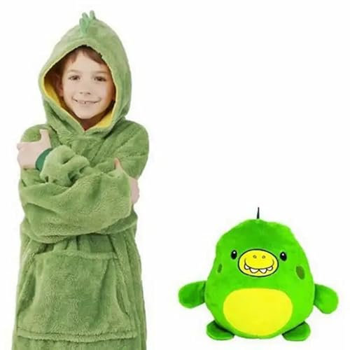Hoodie Decke mit Ärmeln Kinder - Kuschelpullover Kinder zum Anziehen mit Kapuze, Ärmeln und 2 Taschen | PILLOWPET (Grüner Dino)