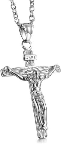 GTHIC Herren Edelstahl Jesus Christus Kruzifix Anhänger Halsketten Religion Schmuck Geschenk, 60 cm Silber Halskette