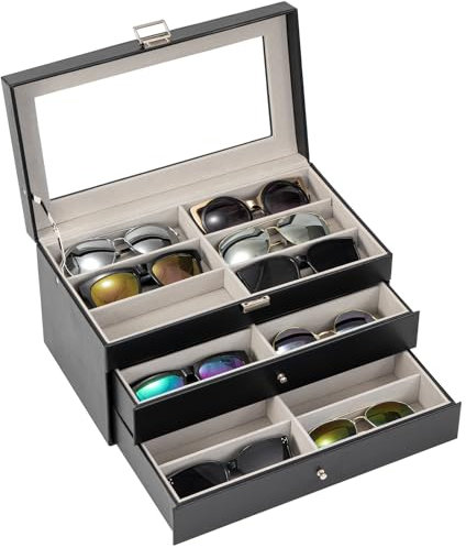 ProCase Porta Occhiali Multiplo 3 Strati, 18 Slots Organizer Occhiali da Sole in Pelle, Occhiali Espositore Scatola Portaocchiali Organizzatore Occhiali per Donna Uomo -Nero