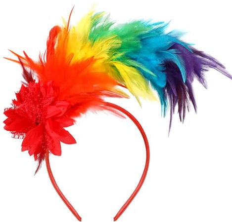 MWOOT Feder Haarschmuck Haarreif, 1920er Fascinator Kopfschmuck für Damen, Regenbogen Feder 20er Jahre Stirnband mit Künstlichen Blumen für Karneval Cocktail Cosplay Hochzeit Tee-Party Accessoires