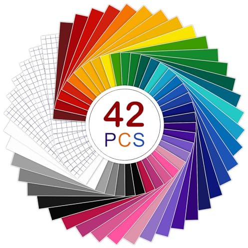 Kisvic Vinylfolie Plotter 30.5 x 20.5 cm, 42 Stück Selbstklebend Plotterfolie Vinyl, Plotter Folie mit Klarem Ausrichtungsgitter für Cricut, DIY-Geschenke, Tasse, Fenster, Keramik
