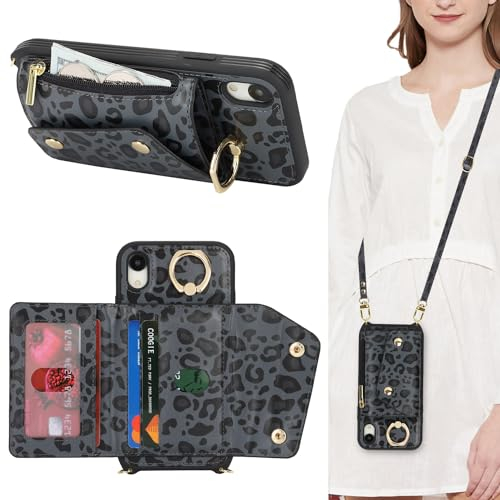 Lipvina Hülle für iPhone XR Hülle mit Band Kartenhalter handyhülle Hülle für iPhone XR mit Reißverschluss Band Ring Ständer Case für Frauen - Schwarzer Leopard
