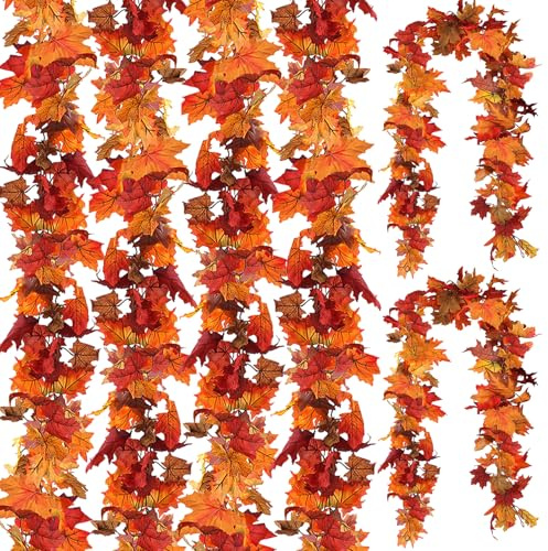 CQURE 6 Pack Artificial Autumn Fall Maple Leaf Garland, 5.9Ft/Piece Artificial Autumn Foliage Garland Fall Leaves Hanging Vine Thanksgiving Decor for Home Fireplace Party Christmas