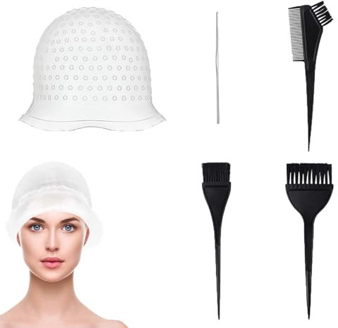 5 Piece Set Highlighting Cap, Highlighting Kit, Highlights Hair Dye Kit, Hair Coloring Brushes And Needle,Highlighting Frosting Cap, Professional Salon Silicone Hairdressing Tools For Women Men