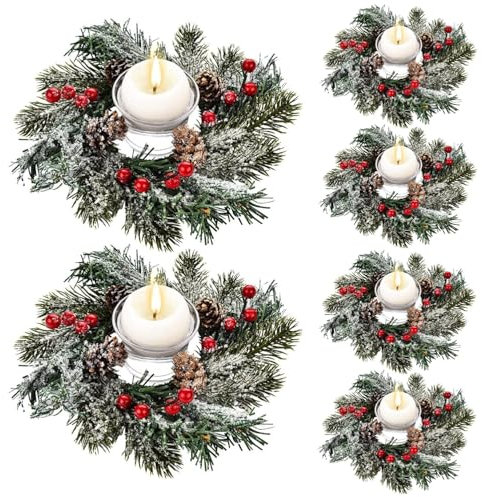 KAHEIGN 8Pcs Weihnachtskerzen Ringe, 20CM Künstlicher Roten Beeren Kränze Weihnachtskerzenringe Verschneiten Tannennadeln Kerzenhalter für Weihnachten Tisch Deko, Tannenzapfen-Kerzenringgirlande
