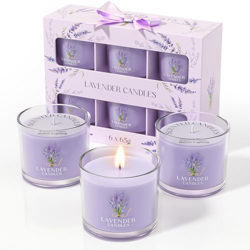 CHILLFLAME Candele Profumate alla Lavanda in Vetro, Set di Candele Profumate per Alleviare lo Stress, 6 Candele in Vetro per Donne e Uomini, Regalo di Compleanno per Donne (6 Colori, 400g)