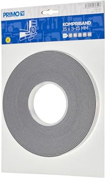 Primo Kompriband Selbstklebend für Außenfugen, 15 x 3-15mm Grau - Länge 12m - Elastisch, Isolierend