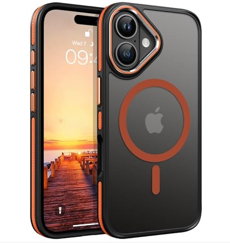 VENINGO Magnetic for iPhone 16 Case, Compatible with MagSafe Matte Translucent Shockproof Protective Women Man Girls Case with Side Grippy Stripes for iPhone 16,Orange