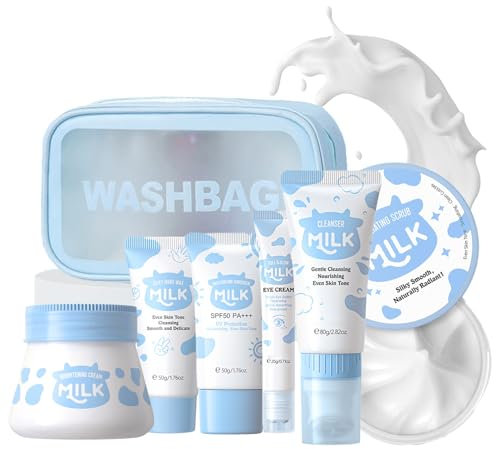 Milch-Hautpflege-Set, Muttertagsgeschenke, Geschenke für Teenager-Mädchen, Hautpflege-Sets und Kits mit Reiniger, Augencreme, Peeling, Sonnencreme, Handwachs, Aufhellungscreme, Geschenke für sie, 7