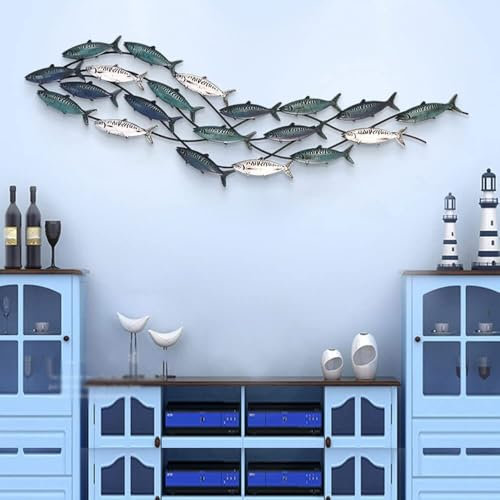 Suixtil Fischschwarm Wanddekoration aus Metall, große handgefertigte Wandskulptur aus Metall, Wohnzimmer, Wanddekoration zu Hause