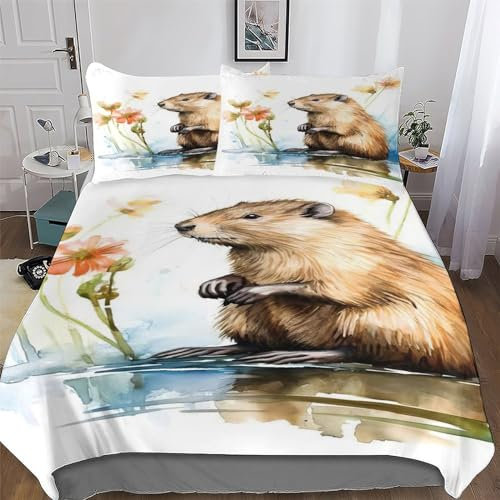 Beaver 3D Duvet Cover Bedding Set with Pillowcases Cosy Super Soft Bed Linen Quilt Cover 2 PCs for Kids, Youth And Adult Brushed Microfiber Comforter Cover Single (135x200cm)