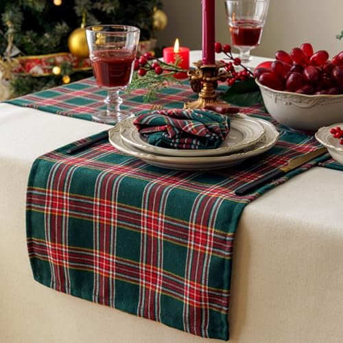 Rot Kariert Tischdecke, Weihnachtstischläufer Waschbar, rutschfest, Grün und Rot, Esstischläufer für Hochzeit, Urlaub, Party, Tischdekoration (Grün und Rot,40*180 cm)