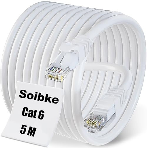 Soibke Cable Ethernet 5m, Cat 6 Cable RJ45 Haute Vitesse Câble Réseau, Gigabit 1Gbit/s 250MHz Câble Ethernet 5 Mètres, Câble Internet Blanc Cable LAN 23AWG UTP Fil Ethernet pour Routeur Modem