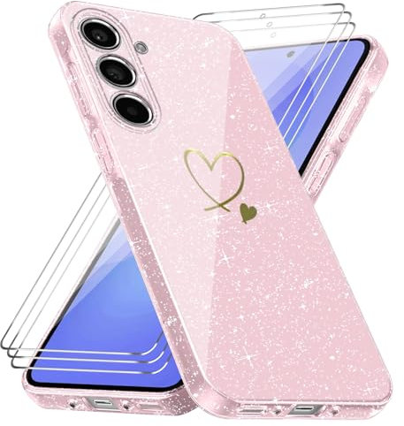 Cover Compatibile con Samsung Galaxy A36/ Samsung Galaxy A56 4G / 5G, con 3 Pezzi Vetro Temperato Pellicola Protettiva, Glitter e Antimpronta Custodia, Antigraffio e Morbido Caso - Rosa
