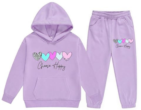 SoLu DAY8 Girls Tracksuit Set Choose Happy Kids Long Sleeve Hoodie Sweatshirt and Trousers Outfits Sets for Girls Trendy Spring Winter Comfy School Casual Jogging Athletic Age 3-14 Years
