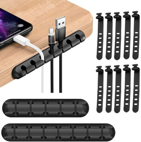 OUDQFCJ - Organizador de Cables Adhesivo 3M, 2 Clips y 10 Bandas, Ganchos Adhesivos, Soportes para Cables de Red y Accesorios de Carga, Ideal para Escritorio