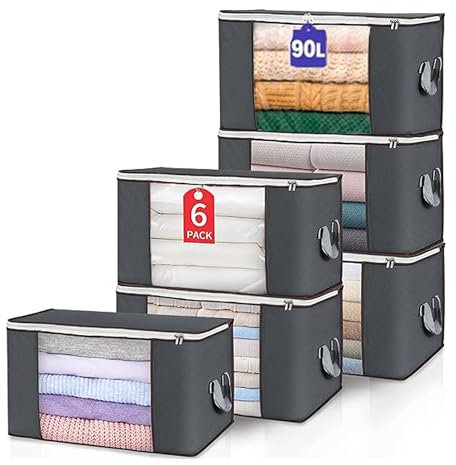 Clothes Storage Bags, 6 Pack 90L Large Capacity with Reinforced Handles, Thick Non-Woven Fabric Storage Bags, Organizer For Clothes, Blankets, Bedding With Zip And Clear Window Gray Color